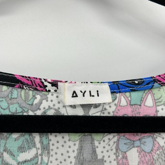 AYLI Pink Blue Novelty Cat Print Cap Sleeve Lightweight Mini Dress Size Medium - Picture 6 of 6